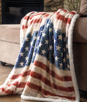 Wrangler Stars & Stripes USA American Flag Plush Fur Sherpa Borrego Fleece Throw Blanket - Linen Mart Cozy Down Comforters, Quilts, Sheets,Pillows & Weighted Blankets
