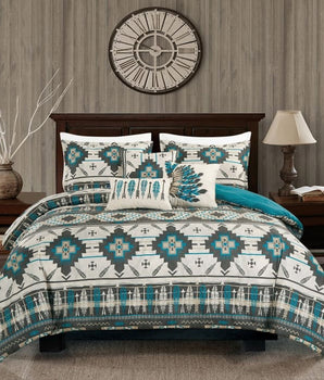 Southwestern Tan Navajo Turquoise Feather Aztec Comforter - 