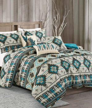 Southwestern Tan Navajo Turquoise Feather Aztec Comforter - 6 Piece Set - Linen Mart Cozy Down Comforters, Quilts, Sheets,Pillows & Weighted Blankets