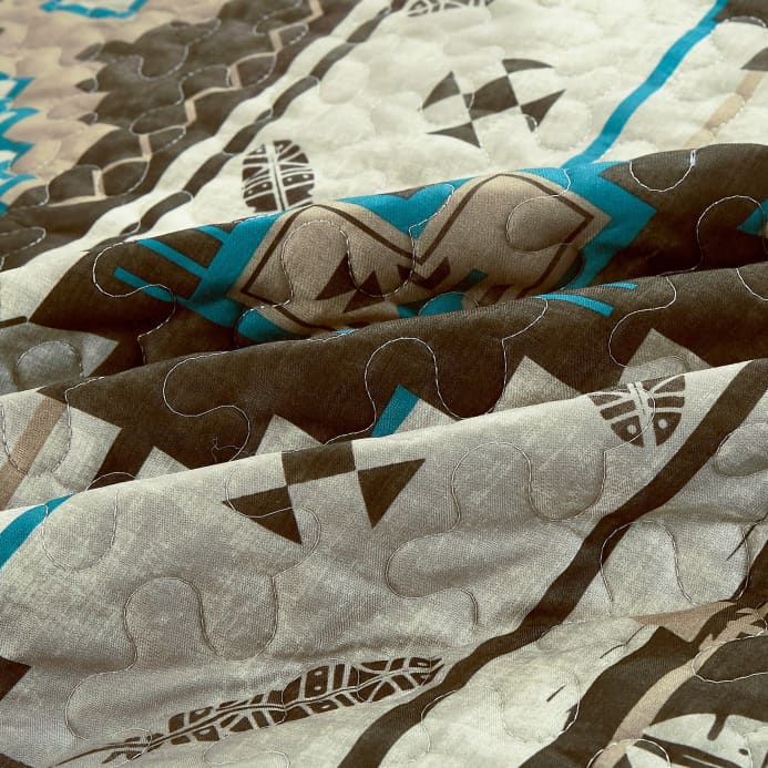 Southwestern Tan Navajo Turquoise Feather Aztec Quilt 