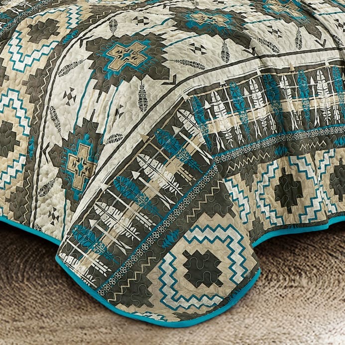 Southwestern Tan Navajo Turquoise Feather Aztec Quilt 