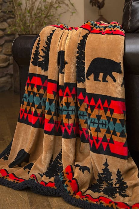 Aztec Bear Trail Plush Fur Sherpa Borrego Fleece Throw 