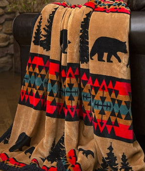 Aztec Bear Trail Plush Fur Sherpa Borrego Fleece Throw 