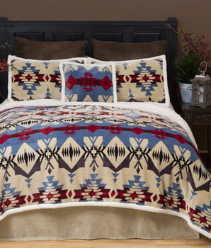 Southwestern Aztec Blue River Lodge Sherpa Fleece Blanket - 4 Piece Set - Linen Mart Cozy Down Comforters, Quilts, Sheets,Pillows & Weighted Blankets