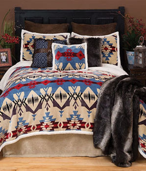 Southwestern Aztec Blue River Lodge Sherpa Fleece Blanket - 4 Piece Set - Linen Mart Cozy Down Comforters, Quilts, Sheets,Pillows & Weighted Blankets