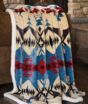Southwest Aztec Blue River Plush Fur Sherpa Borrego Fleece Throw Blanket - Linen Mart Cozy Down Comforters, Quilts, Sheets,Pillows & Weighted Blankets