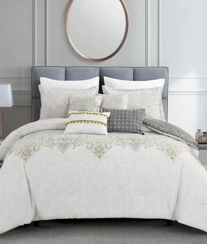 Floral Jacquard Modern Creame Comforter - 7 Piece Set - Linen Mart Cozy Down Comforters, Quilts, Sheets,Pillows & Weighted Blankets