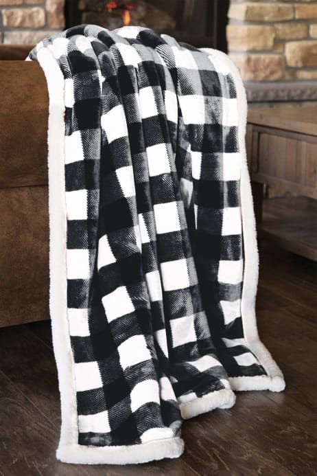 Lumberjack Plaid Plush Fur Sherpa Borrego Fleece Throw Blanket - Linen Mart Cozy Down Comforters, Quilts, Sheets,Pillows & Weighted Blankets