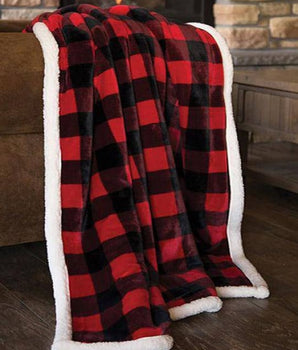Lumberjack Plaid Red Plush Fur Sherpa Borrego Fleece Throw Blanket - Linen Mart Cozy Down Comforters, Quilts, Sheets,Pillows & Weighted Blankets