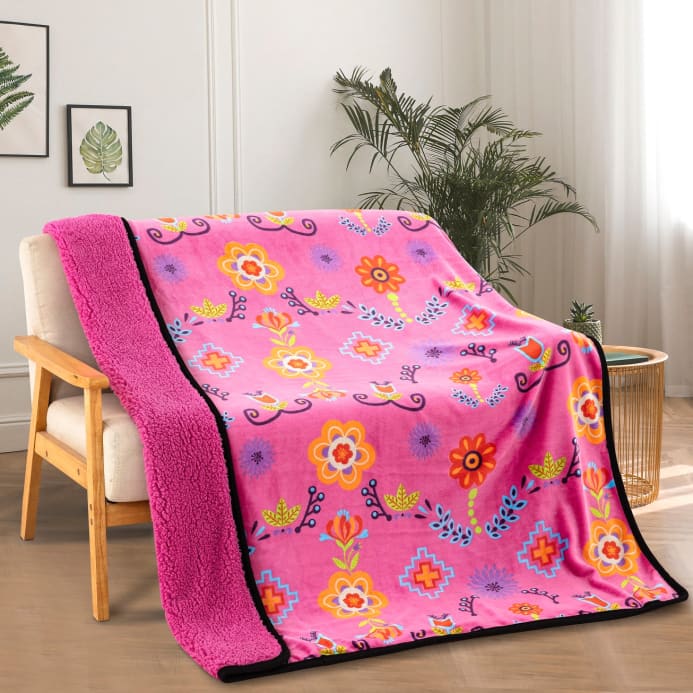 Native Floral Sherpa Throw Blanket - Pink - Sherpa Throw