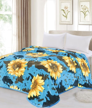Oversized Sunflower Cowhide Throw Blanket - Turquoise