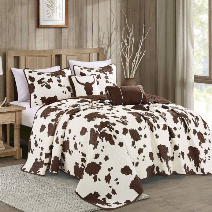 Rustic Cowhide Brown Cow Skull Quilt Set - 5 Piece Set - Linen Mart Cozy Down Comforters, Quilts, Sheets,Pillows & Weighted Blankets