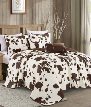 Rustic Cowhide Brown Cow Skull Quilt Set - 5 Piece Set - Linen Mart Cozy Down Comforters, Quilts, Sheets,Pillows & Weighted Blankets