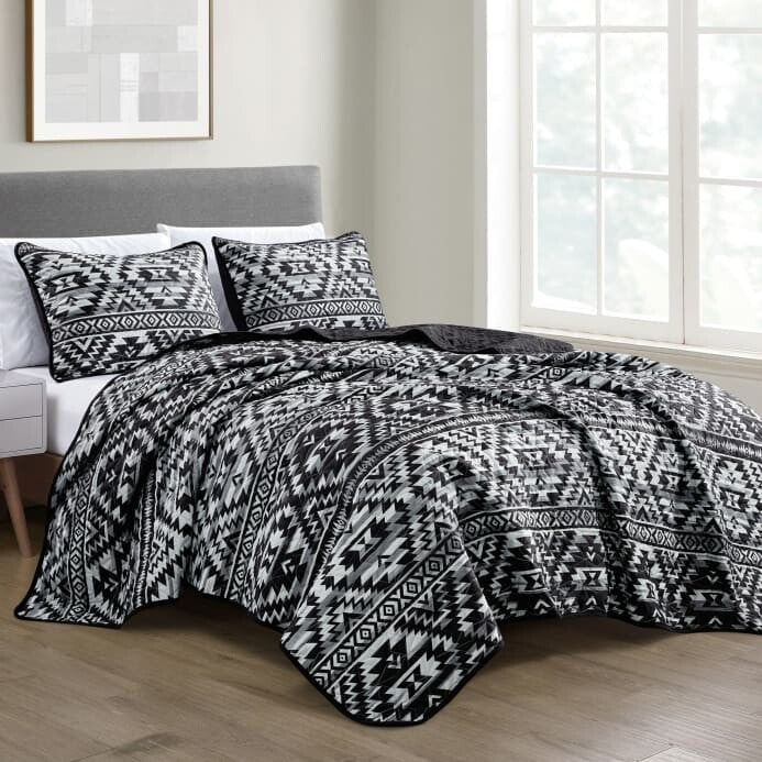 Southwestern Black Aztec Bedspread - 3 Piece Set - Quilts 