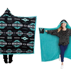Southwest Aztec Hooded Blanket - Teal - Apparel