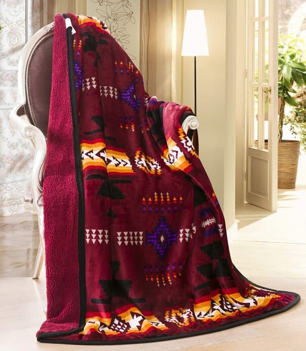 Southwestern Aztec Sherpa Borrego Fleece Throw Blanket - 