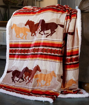 Southwest  Running Horse Country Plush Fur Sherpa Fleece Throw Blanket - Linen Mart Cozy Down Comforters, Quilts, Sheets,Pillows & Weighted Blankets