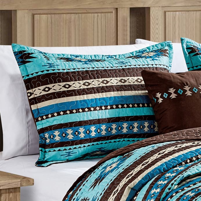 Southwestern Turquoise Tan Aztec Coverlet - 5 Piece Set - Linen Mart Cozy Down Comforters, Quilts, Sheets,Pillows & Weighted Blankets