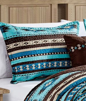 Southwestern Turquoise Tan Aztec Coverlet - 5 Piece Set - Linen Mart Cozy Down Comforters, Quilts, Sheets,Pillows & Weighted Blankets