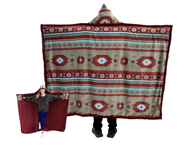 Southwestern Hooded Blanket - Burgundy - Apparel