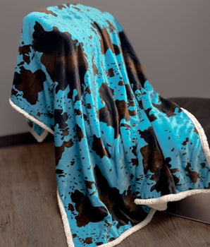 Turquoise Cowhide Sherpa Throw Blanket - Sherpa Throw