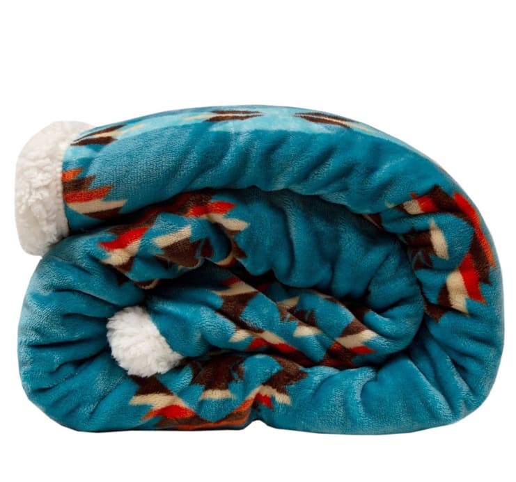 Southwestern Aztec Turquoise Plush Fur Sherpa Borrego Fleece Throw Blanket - Linen Mart Cozy Down Comforters, Quilts, Sheets,Pillows & Weighted Blankets