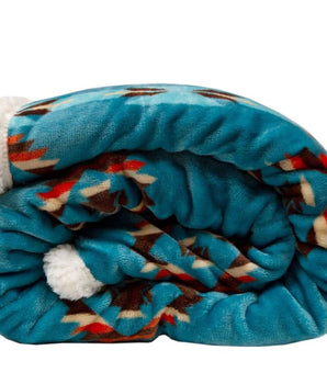 Southwestern Aztec Turquoise Plush Fur Sherpa Borrego Fleece Throw Blanket - Linen Mart Cozy Down Comforters, Quilts, Sheets,Pillows & Weighted Blankets