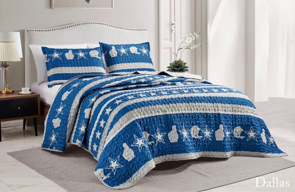 Dallas Cowboys Style Quilt Set - 3 Piece Set - Linen Mart Cozy Down Comforters, Quilts, Sheets,Pillows & Weighted Blankets