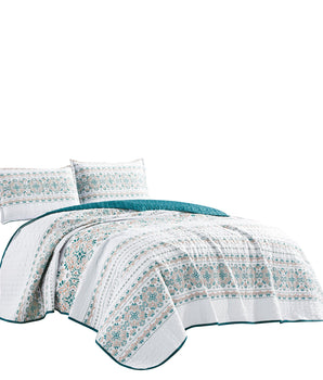 Layla White Jacquard Turquoise Quilt - 3 Piece Set - Quilts 