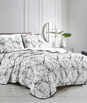 Marble White Modern Abstract Quilt - 3 Piece Set - Quilts 