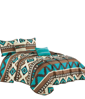 Southwest Navajo Turquoise Aztec Quilt Set - 5 Piece Set - 