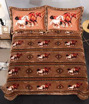 Southwest Wild Horses Sherpa Plush Lodge Blanket - 3 Piece