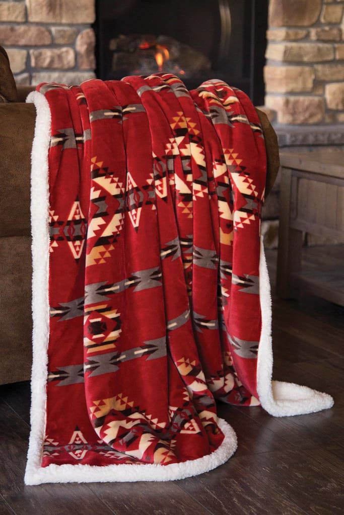 Southwestern Aztec Red Plush Fur Sherpa Borrego Fleece Throw Blanket - Linen Mart Cozy Down Comforters, Quilts, Sheets,Pillows & Weighted Blankets