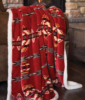 Southwestern Aztec Red Plush Fur Sherpa Borrego Fleece Throw Blanket - Linen Mart Cozy Down Comforters, Quilts, Sheets,Pillows & Weighted Blankets