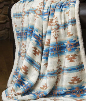 Southwestern Aztec Tan Plush Fur Sherpa Borrego Fleece Throw Blanket - Linen Mart Cozy Down Comforters, Quilts, Sheets,Pillows & Weighted Blankets